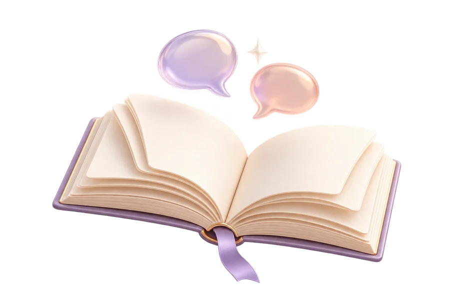 An open book with two opalescent speech bubbles, representing learning and conversation.