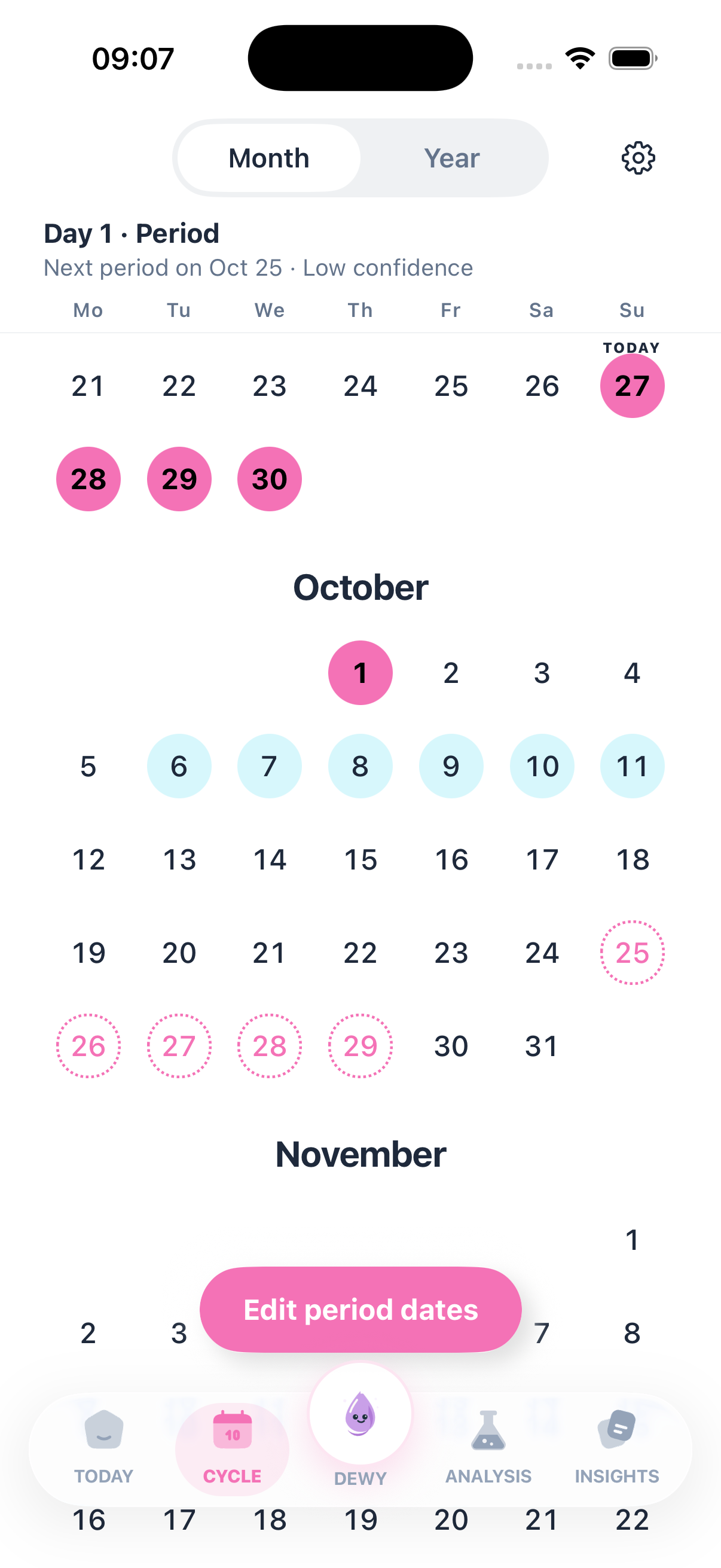 Asklepi Her cycle calendar, with days laid out across a month.