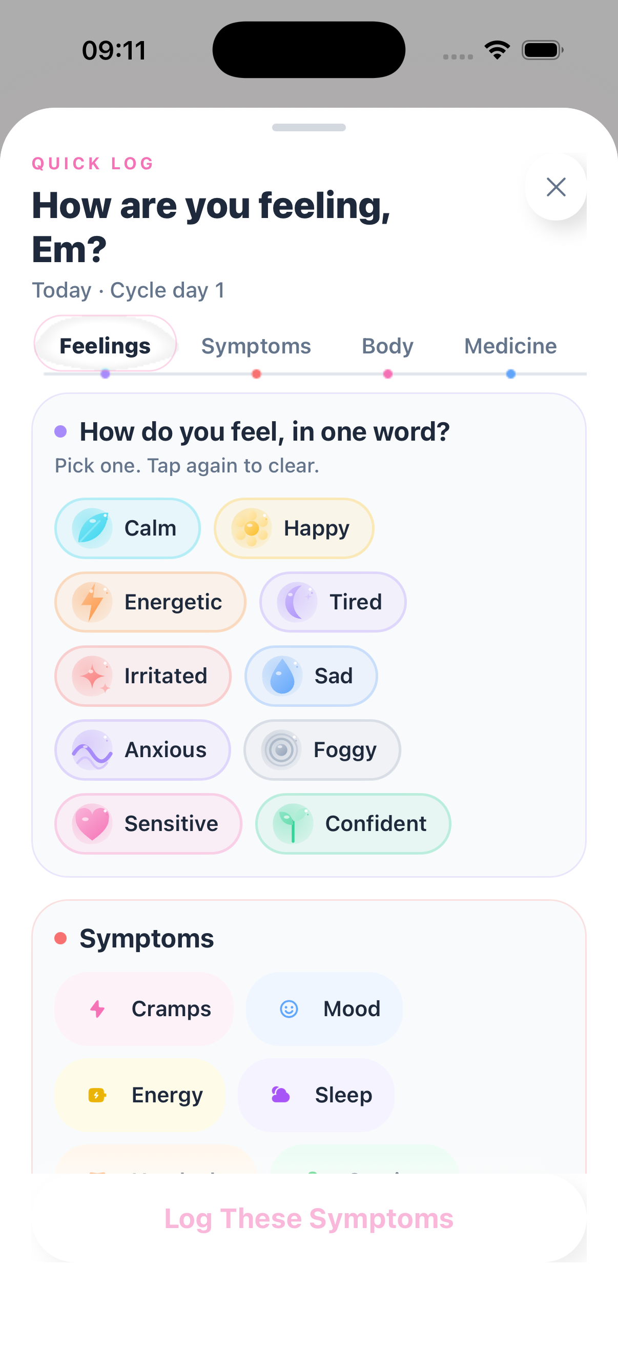 Asklepi Her symptom log for recording how a day felt.