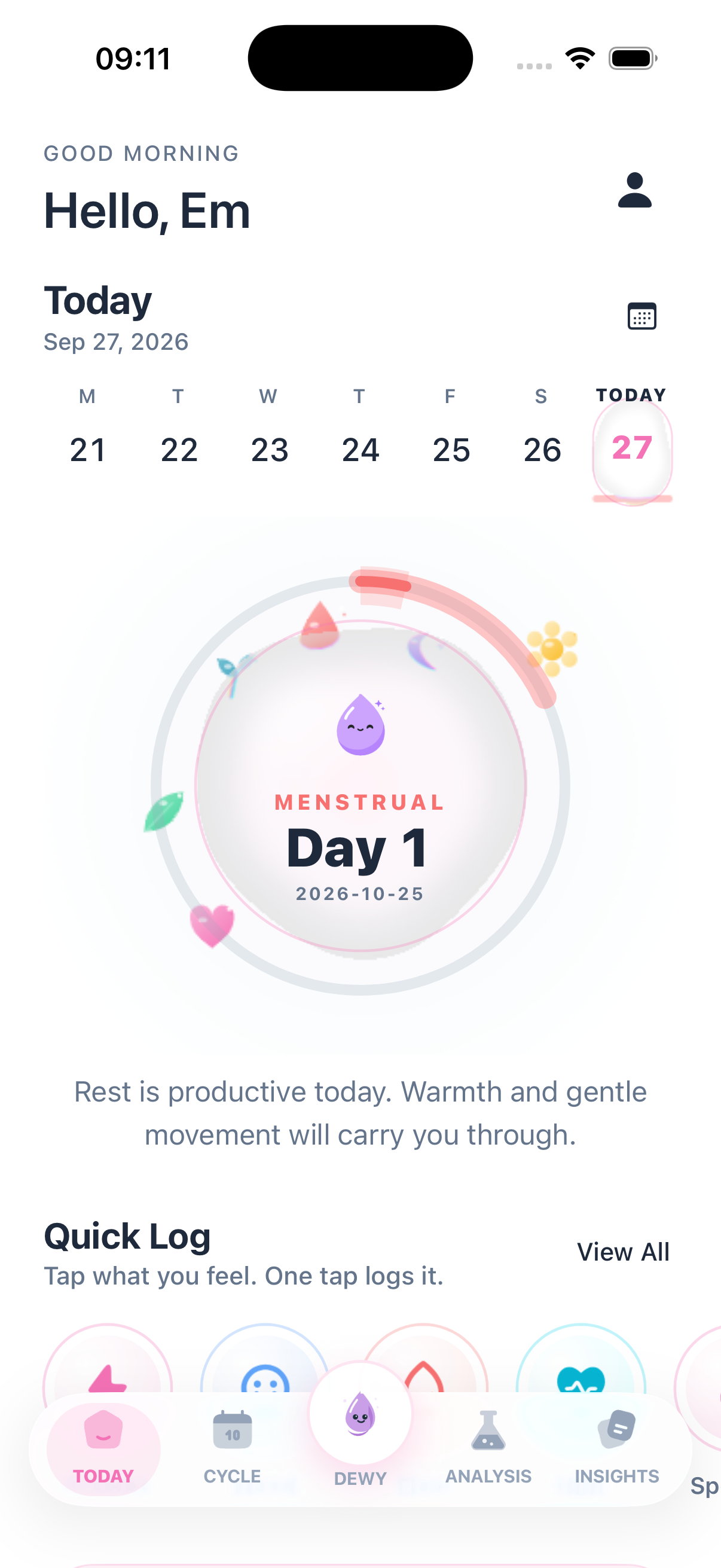 Asklepi Her today view, with the current cycle day and a short daily log.